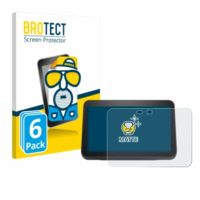 Vorderseite einer Produktverpackung mit dem Markenlogo BROTECT. Daneben ist das Gerät Amazon Echo Show 8 2023 (3. Gen.) mit de