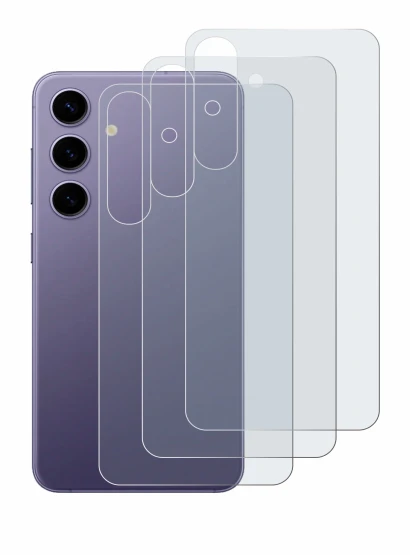 Abbildung des Geräts Samsung Galaxy S24 (Rückseite) mit einer Vielzahl des Displayschutzes.