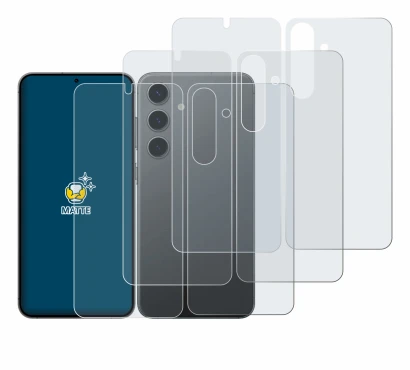 Abbildung des Geräts Samsung Galaxy S24 (Display+Rückseite) mit einer Vielzahl des Displayschutzes.