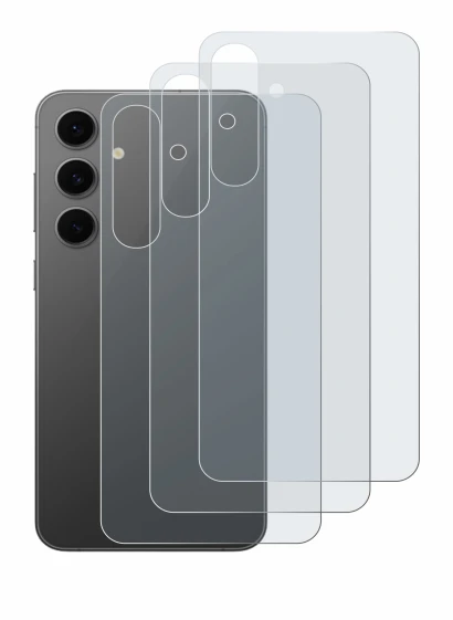 Abbildung des Geräts Samsung Galaxy S24 FE (Rückseite) mit einer Vielzahl des Displayschutzes.