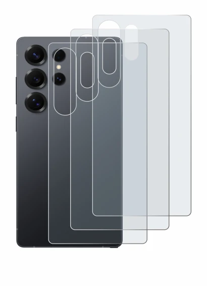 Abbildung des Geräts Samsung Galaxy S25 Ultra (Rückseite) mit einer Vielzahl des Displayschutzes.