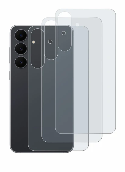 Abbildung des Geräts Samsung Galaxy S25 FE (Rückseite) mit einer Vielzahl des Displayschutzes.