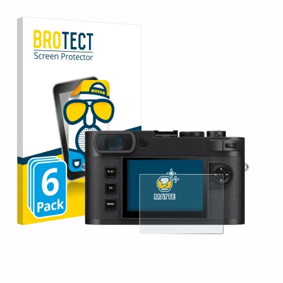 Vorderseite einer Produktverpackung mit dem Markenlogo BROTECT. Daneben ist das Gerät Leica M EV1 mit dem zugehörigen Displays