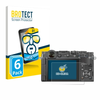 Vorderseite einer Produktverpackung mit dem Markenlogo BROTECT. Daneben ist das Gerät Olympus PEN-F mit dem zugehörigen Displa