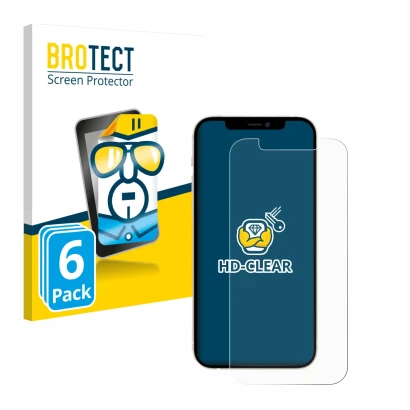 Vorderseite einer Produktverpackung mit dem Markenlogo BROTECT. Daneben ist das Gerät Apple iPhone 12 mit dem zugehörigen Disp