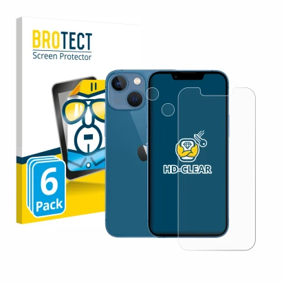 Vorderseite einer Produktverpackung mit dem Markenlogo BROTECT. Daneben ist das Gerät Apple iPhone 13 mini (Display+Kamera) mi