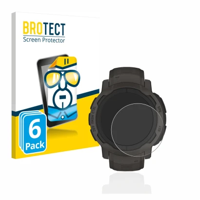 Vorderseite einer Produktverpackung mit dem Markenlogo BROTECT. Daneben ist das Gerät Garmin Instinct 2 mit dem zugehörigen Di