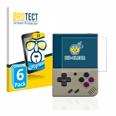 Vorderseite einer Produktverpackung mit dem Markenlogo BROTECT. Daneben ist das Gerät Miyoo Mini Plus mit dem zugehörigen Disp