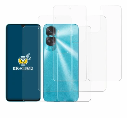 Abbildung des Geräts Honor 90 Lite (Display+Rückseite) mit einer Vielzahl des Displayschutzes.