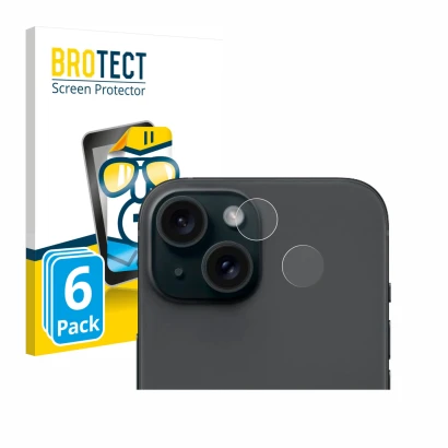 Vorderseite einer Produktverpackung mit dem Markenlogo BROTECT. Daneben ist das Gerät Apple iPhone 15 (NUR Kameraschutz) mit d