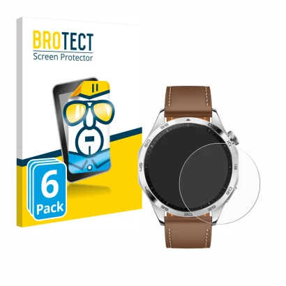 Vorderseite einer Produktverpackung mit dem Markenlogo BROTECT. Daneben ist das Gerät Huawei Watch GT 4 (46mm) mit dem zugehör