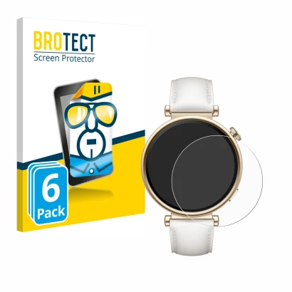 Vorderseite einer Produktverpackung mit dem Markenlogo BROTECT. Daneben ist das Gerät Huawei Watch GT 4 (41mm) mit dem zugehör