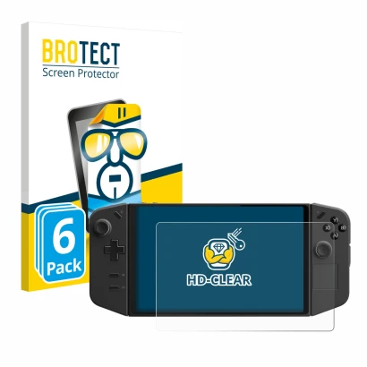 Vorderseite einer Produktverpackung mit dem Markenlogo BROTECT. Daneben ist das Gerät Lenovo Legion Go mit dem zugehörigen Dis