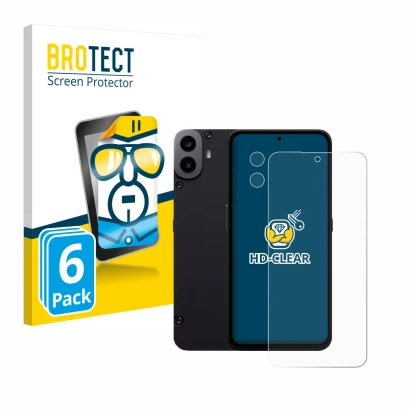 Vorderseite einer Produktverpackung mit dem Markenlogo BROTECT. Daneben ist das Gerät Nothing CMF Phone 1 (Display+Kamera) mit