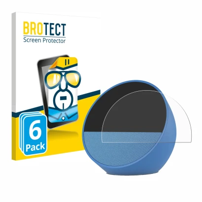 Vorderseite einer Produktverpackung mit dem Markenlogo BROTECT. Daneben ist das Gerät Amazon Echo Spot 2024 mit dem zugehörige