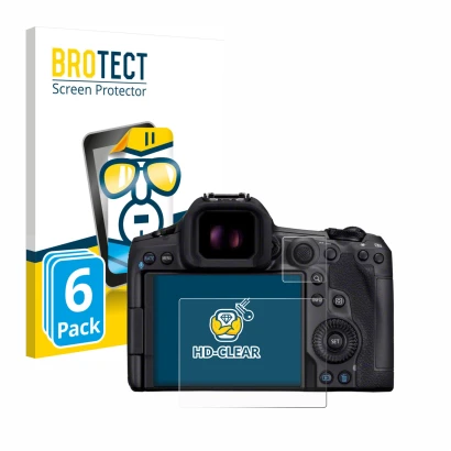 Vorderseite einer Produktverpackung mit dem Markenlogo BROTECT. Daneben ist das Gerät Canon EOS R5 Mark II mit dem zugehörigen