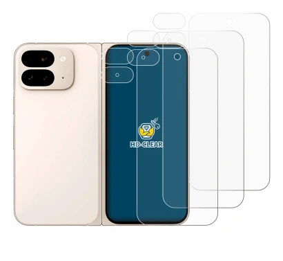 Abbildung des Geräts Google Pixel 9 Pro Fold (Display+Kamera) mit einer Vielzahl des Displayschutzes.