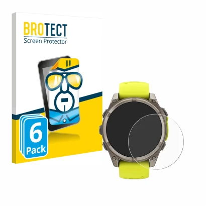 Vorderseite einer Produktverpackung mit dem Markenlogo BROTECT. Daneben ist das Gerät Garmin Fenix 8 Solar (47 mm) mit dem zug