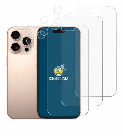 Abbildung des Geräts Apple iPhone 16 Pro (Display+Kamera) mit einer Vielzahl des Displayschutzes.