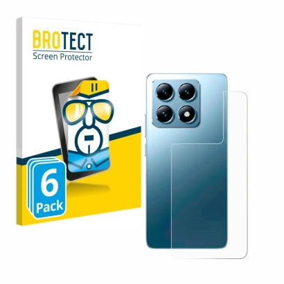 Vorderseite einer Produktverpackung mit dem Markenlogo BROTECT. Daneben ist das Gerät Xiaomi 14T Pro (Rückseite) mit dem zugeh