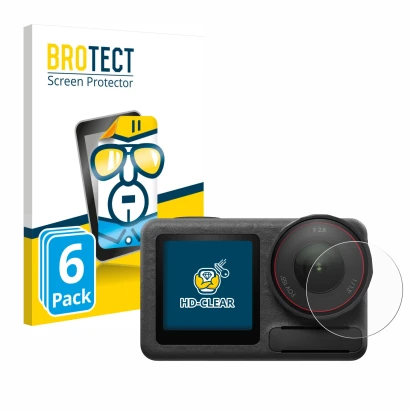 Vorderseite einer Produktverpackung mit dem Markenlogo BROTECT. Daneben ist das Gerät DJI Osmo Action 5 Pro (Linse) mit dem zu