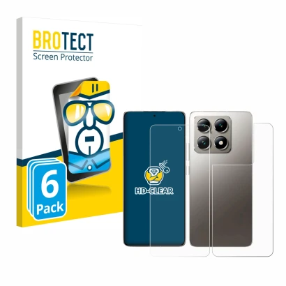 Vorderseite einer Produktverpackung mit dem Markenlogo BROTECT. Daneben ist das Gerät Xiaomi 14T (Display+Rückseite) mit dem z