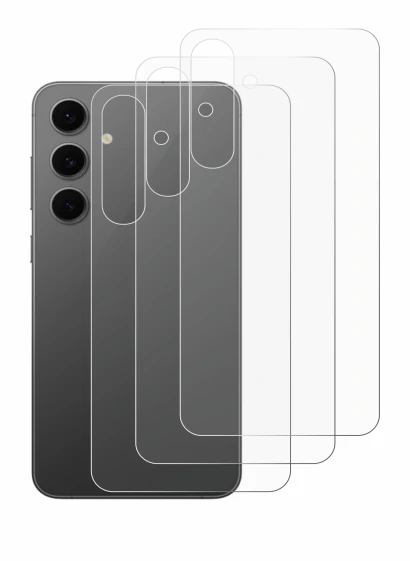 Abbildung des Geräts Samsung Galaxy S24 FE (Rückseite) mit einer Vielzahl des Displayschutzes.