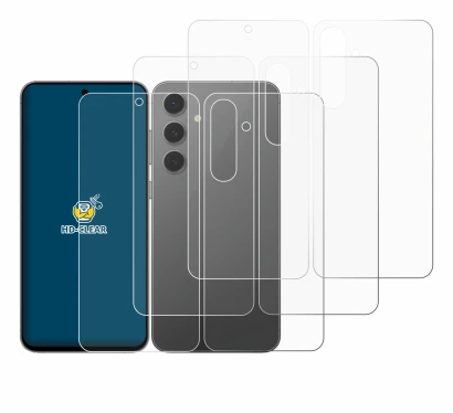 Abbildung des Geräts Samsung Galaxy S24 FE (Display+Rückseite) mit einer Vielzahl des Displayschutzes.