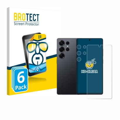 Vorderseite einer Produktverpackung mit dem Markenlogo BROTECT. Daneben ist das Gerät Samsung Galaxy S25 Ultra (Display+Kamera