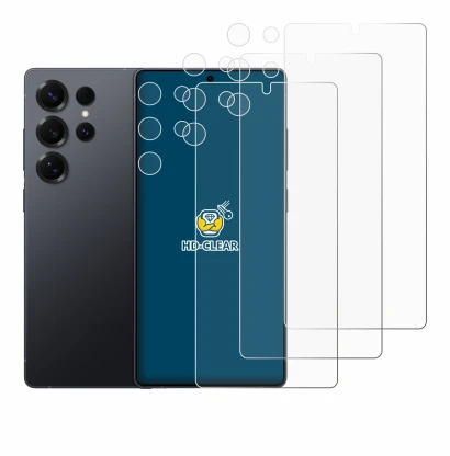 Abbildung des Geräts Samsung Galaxy S25 Ultra (Display+Kamera) mit einer Vielzahl des Displayschutzes.