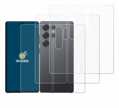 Abbildung des Geräts Samsung Galaxy S25 Ultra (Display+Rückseite) mit einer Vielzahl des Displayschutzes.