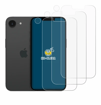 Abbildung des Geräts Apple iPhone 16e (Display+Kamera) mit einer Vielzahl des Displayschutzes.