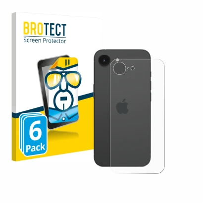 Vorderseite einer Produktverpackung mit dem Markenlogo BROTECT. Daneben ist das Gerät Apple iPhone 16e (Rückseite) mit dem zug