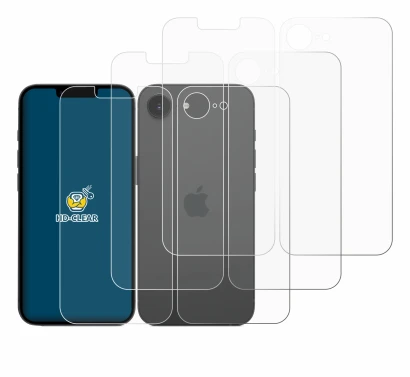 Abbildung des Geräts Apple iPhone 16e (Display+Rückseite) mit einer Vielzahl des Displayschutzes.