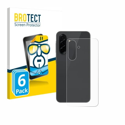 Vorderseite einer Produktverpackung mit dem Markenlogo BROTECT. Daneben ist das Gerät Samsung Galaxy A36 5G (Rückseite) mit de