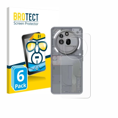 Vorderseite einer Produktverpackung mit dem Markenlogo BROTECT. Daneben ist das Gerät Nothing Phone (3a) Pro (Rückseite) mit d