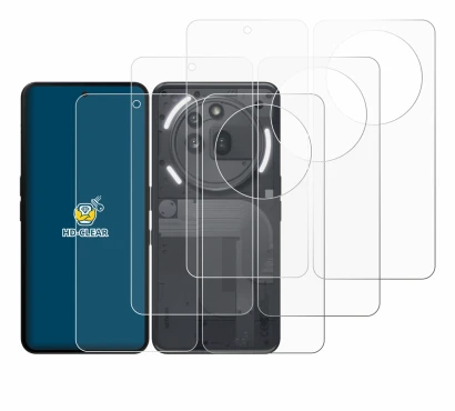 Abbildung des Geräts Nothing Phone (3a) Pro (Display+Rückseite) mit einer Vielzahl des Displayschutzes.