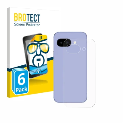 Vorderseite einer Produktverpackung mit dem Markenlogo BROTECT. Daneben ist das Gerät Google Pixel 9a (Rückseite) mit dem zuge