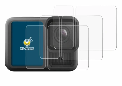 Abbildung des Geräts GoPro Hero 13 Black Ultra Wide Edition mit einer Vielzahl des Displayschutzes.