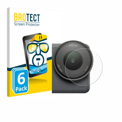 Vorderseite einer Produktverpackung mit dem Markenlogo BROTECT. Daneben ist das Gerät DJI Osmo Action 6 (Linse) mit dem zugehö