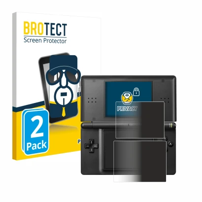 Vorderseite einer Produktverpackung mit dem Markenlogo BROTECT. Daneben ist das Gerät Nintendo DS LITE mit dem zugehörigen Dis