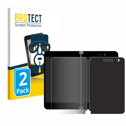 Vorderseite einer Produktverpackung mit dem Markenlogo BROTECT. Daneben ist das Gerät Microsoft Surface Duo mit dem zugehörige