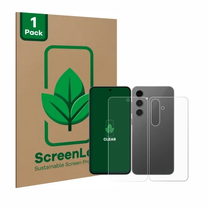 Vorderseite einer Produktverpackung mit dem Markenlogo ScreenLeaf. Daneben ist das Gerät Samsung Galaxy S24 FE (Display+Rückse