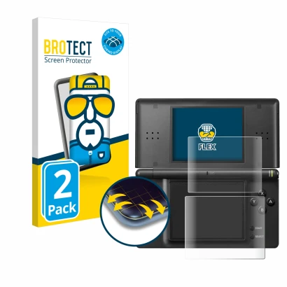 Vorderseite einer Produktverpackung mit dem Markenlogo BROTECT. Daneben ist das Gerät Nintendo DS LITE mit dem zugehörigen Dis