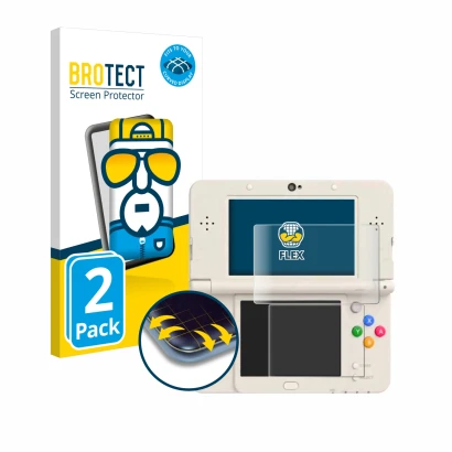 Vorderseite einer Produktverpackung mit dem Markenlogo BROTECT. Daneben ist das Gerät Nintendo New 3DS mit dem zugehörigen Dis