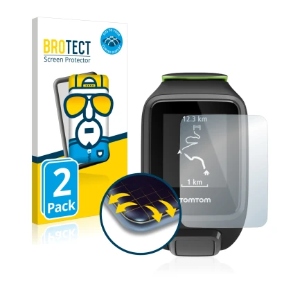 Vorderseite einer Produktverpackung mit dem Markenlogo BROTECT. Daneben ist das Gerät TomTom Runner 3 mit dem zugehörigen Disp