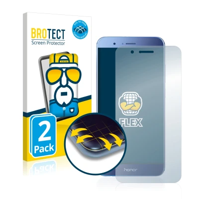 Vorderseite einer Produktverpackung mit dem Markenlogo BROTECT. Daneben ist das Gerät Honor 8 Pro mit dem zugehörigen Displays