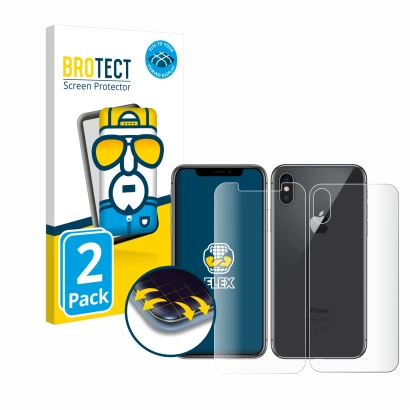 Vorderseite einer Produktverpackung mit dem Markenlogo BROTECT. Daneben ist das Gerät Apple iPhone X (Display+Rückseite) mit d