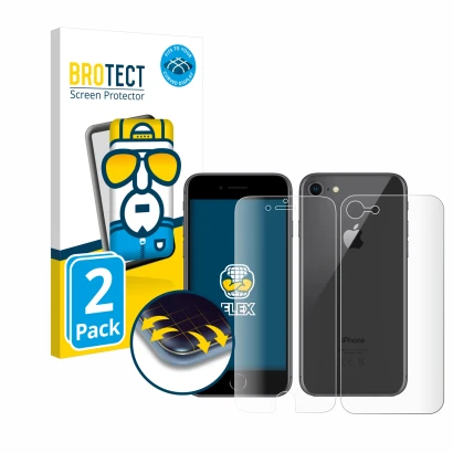 Vorderseite einer Produktverpackung mit dem Markenlogo BROTECT. Daneben ist das Gerät Apple iPhone 8 (Display+Rückseite) mit d