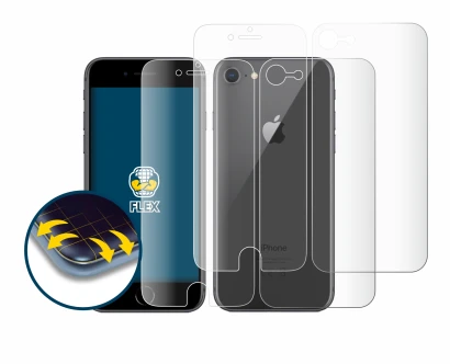Abbildung des Geräts Apple iPhone 8 (Display+Rückseite) mit einer Vielzahl des Displayschutzes.